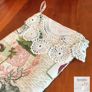 Christmas Stocking Victorian postcard print in pinks greens on cream background vintage crocheted doily cuff fully lined