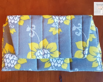 Essential Oil Bag 3 bottle capacity snap closure Grey with Yellow flowers Padded Handmade