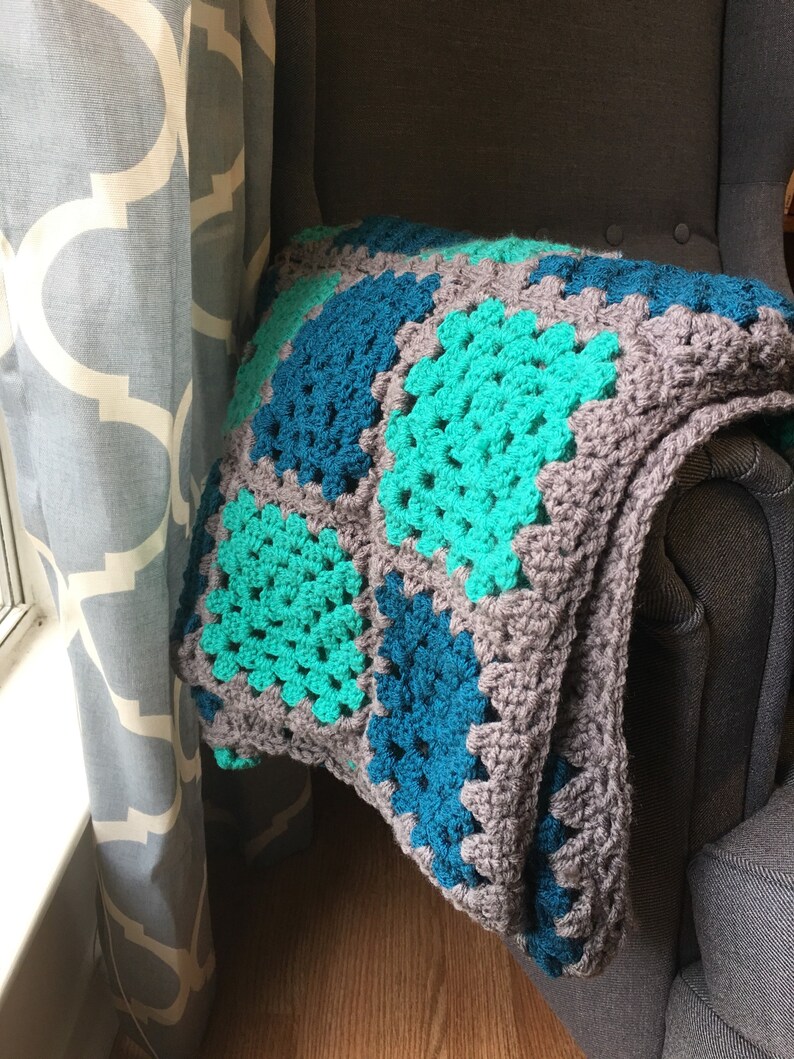 Blue Green Gray Granny Square Crochet Blanket Full Queen Etsy