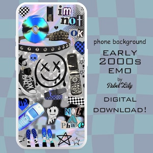 May include: A phone case featuring an early 2000s emo theme. The design includes a CD, a studded collar, a high-top sneaker, a flip phone, and the text "I'm not ok" and "Not a phase". The background is a checkered pattern.