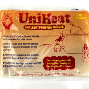 May include: A clear plastic package labeled "UniHeat SMALL PETS SHIPPING WARMER." The package features cartoon illustrations of a bird, turtle, lizard, and snake. Text indicates the warmer provides 40+ hours of heat at 100&deg;F (38&deg;C).