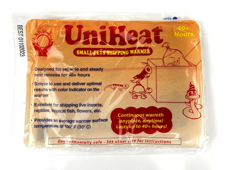 May include: A clear plastic package labeled "UniHeat SMALL PETS SHIPPING WARMER." The package features cartoon illustrations of a bird, turtle, lizard, and snake. Text indicates the warmer provides 40+ hours of heat at 100&deg;F (38&deg;C).