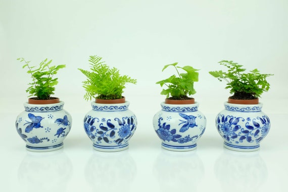 Vintage Tiny Blue White Ceramic Planters 1 5 Pots Set Etsy