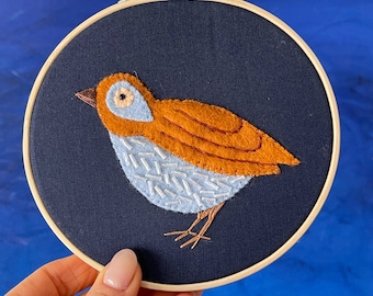 Brown and blue felt appliqué bird with a beaded belly -  5 inch hoop