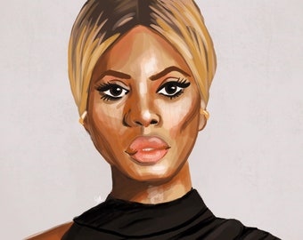 May include: A portrait illustration of a person with dark skin wearing a black mock neck shirt and a turban-style head wrap with blonde hair. The person has dark eyes and full lips.