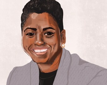 May include: A portrait of a person with short, dark hair wearing a gray blazer over a black turtleneck. The person is smiling and has a gold earring in their left ear.
