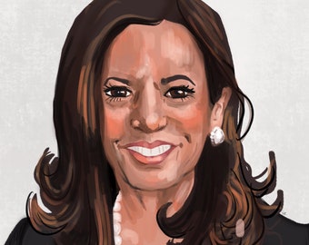 May include: A portrait illustration of a woman with long brown hair, wearing a black blazer, a pearl necklace, and a small earring. She is smiling and looking directly at the viewer.