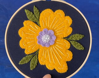 Bright Yellow Folk Art Flower embroidery hoop with beading - 5 inch hoop