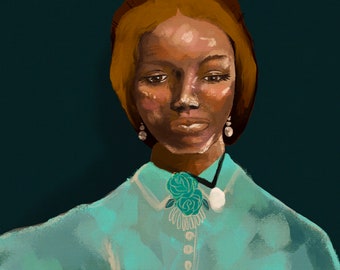 May include: A portrait of a person with light brown hair wearing a teal blue blouse with a teal blue flower brooch. The person has dark brown eyes and dark skin.