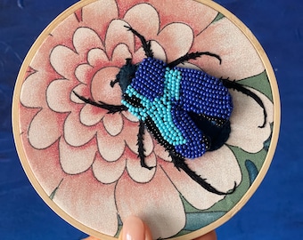 Beaded Scarab Beetle on a floral fabric background - 5 inch hoop
