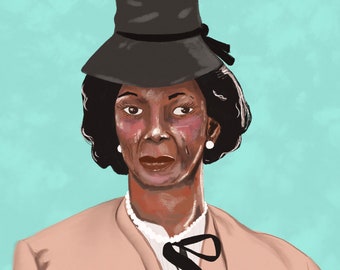 May include: Digital illustration of a person wearing a black hat with a ribbon, a tan blazer, and a white blouse with a black bow. The person has dark skin, dark hair, and pearl earrings. The background is a light teal color.