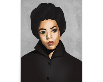May include: A black and white portrait of a woman with short, dark hair. She is wearing a black collared shirt and has a serious expression on her face.