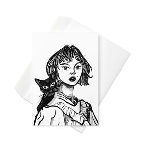 Mulher-gato sem filhos em preto e branco - cartão de felicitações em branco 5x7”, cartão de anotações em branco, cartão de agradecimento com envelope