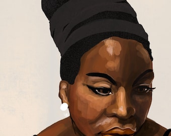 May include: A portrait of a woman with dark skin wearing a black head wrap and a black strap top. She has dark eyes and dark brown lips. She is looking down.