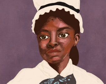 May include: A portrait of a young woman wearing a white bonnet with a black ribbon and a white blouse with a blue bow tie. She has dark hair and brown eyes.