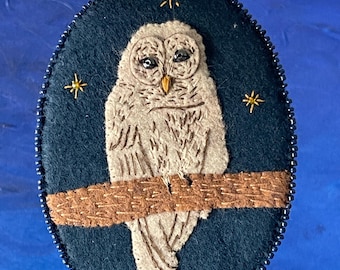 Owl Pendant - Handmade Felt Appliqué Embroidery with beaded border and details
