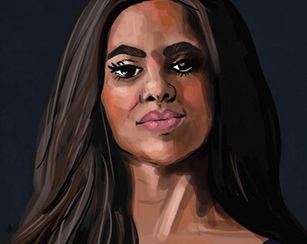 May include: A portrait of a woman with long dark hair, wearing a dark blue sleeveless top. She has dark eyes and a neutral expression.