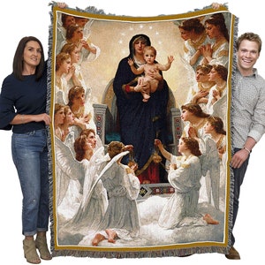 May include: A tapestry throw blanket featuring a depiction of the Virgin Mary holding baby Jesus, surrounded by angels. The Virgin Mary is wearing a blue robe and a crown of stars. The angels are dressed in white robes and have wings.