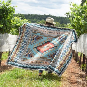 Painted Hills Sky Woven Southwest Tapestry Blanket, Native American Inspired Pattern, Tribal Camp Throw 100% Cotton Made in USA image 1