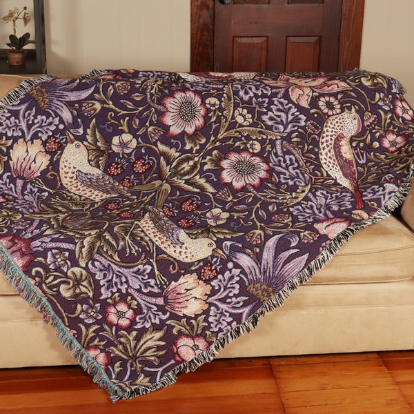 Strawberry Thief - Plum - Arts and Crafts - William Morris - Blanket Throw Woven from Cotton - Made in The USA (72x54)