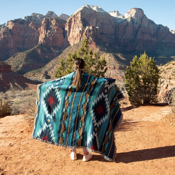 Balpinar - Southwest Native American Inspired Tribal Camp - Cotton Woven Blanket Throw - Made in The USA