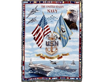 US Navy - Cotton Woven Blanket Throw - Made in The USA (72x54)