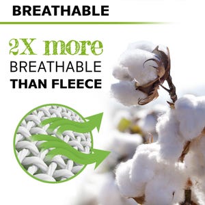 May include: A close-up of a white cotton boll with the text "2X more breathable than fleece" and a graphic of a white fabric with green arrows showing air flow.