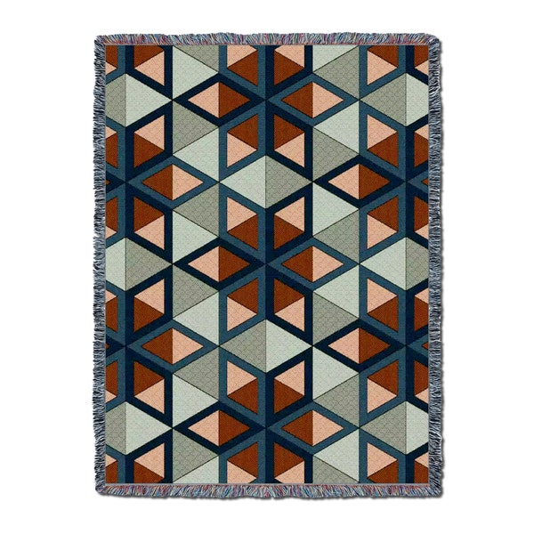 Peach Quilt Blanket, Geometric Pattern, Textured Woven Throw 100% Cotton Made in USA 72x54