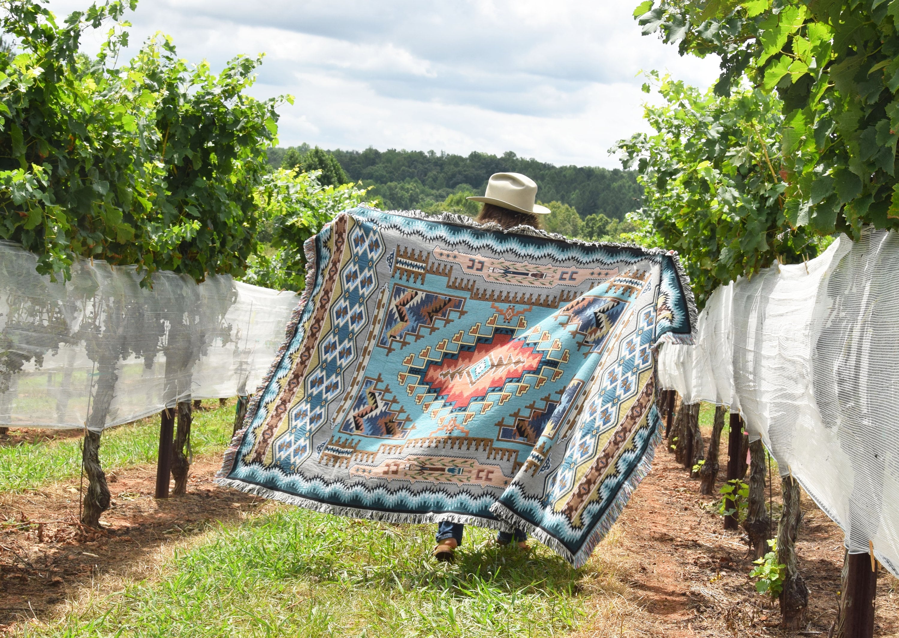 Painted Hills Sky Woven Southwest Tapestry Blanket, Native American Inspired Pattern, Tribal Camp Throw 100% Cotton Made in USA