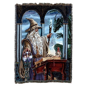 May include: A tapestry featuring a wizard with a long white beard, wearing a pointed hat and robes, holding a staff and a crystal ball. He is standing in front of a large book and a table. A dragon is peering through an archway behind him.
