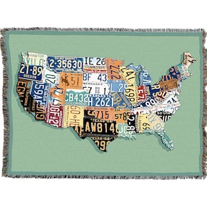USA - Car Tags Nationalkarte - Baumwollgewebter Deckenüberwurf - Made in The USA (72x54)
