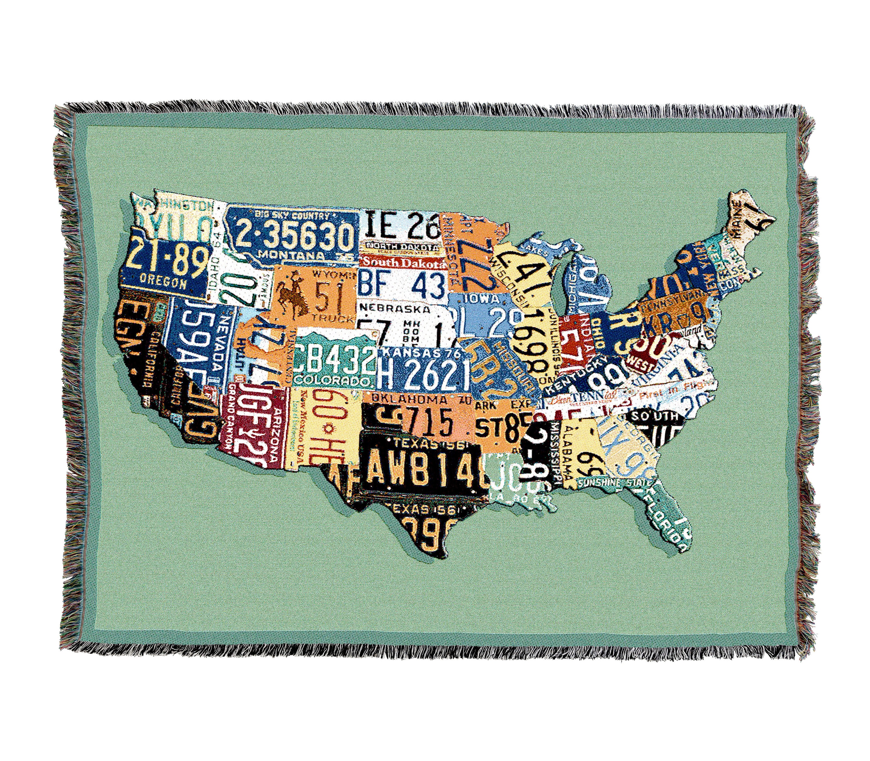United States - Car Tags National Map - Cotton Woven Blanket Throw - Made in The USA (72x54)