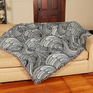 Serene Waves of Mist Ocean Lover Woven Throw Tapestry Blanket, Abstract Inspired Pattern, Beach Throw 100% Cotton Made in USA 72x54