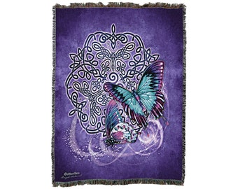 Blue Morpho Butterfly Woven Tapestry Throw Blanket, Large Soft Comforting, Artistic Textured Design 100% Cotton Made in USA 72x54