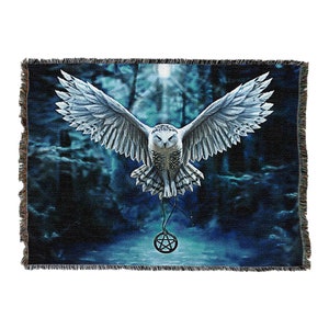 May include: A white owl with outstretched wings flies through a dark blue forest. A pentagram hangs from its talons.