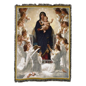 La Virgen María con Ángeles y Jesús Algodón Tejido Manta Throw Hecho en los EE.UU. 72x54 imagen 1