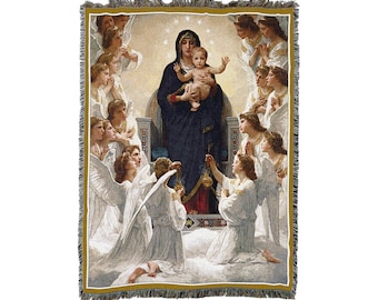 La Virgen María con Ángeles y Jesús - Algodón Tejido Manta Throw - Hecho en los EE.UU. 72x54