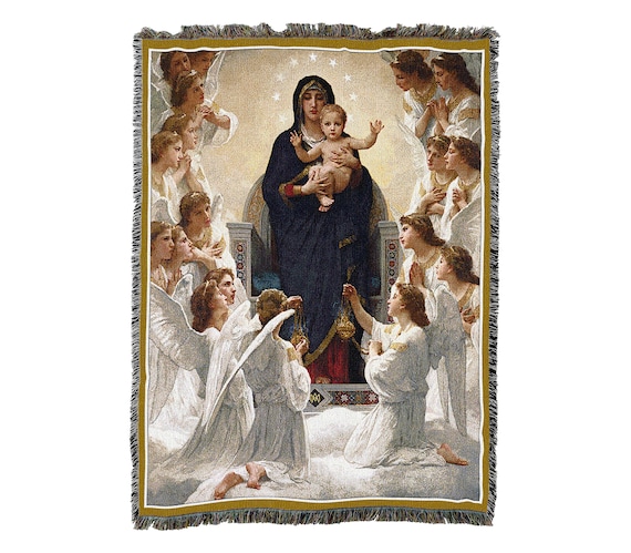 The Virgin Mary With Angels and Jesus Cotton Woven Blanket Throw