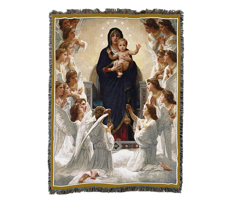 La Virgen María con Ángeles y Jesús Algodón Tejido Manta Throw Hecho en los EE.UU. 72x54 imagen 1