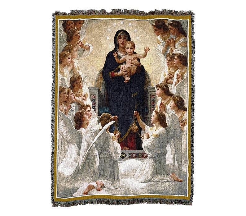 May include: A tapestry featuring a depiction of the Virgin Mary holding baby Jesus, surrounded by a circle of angels. The Virgin Mary is wearing a blue robe and a crown of stars. The angels are all wearing white robes and have wings.