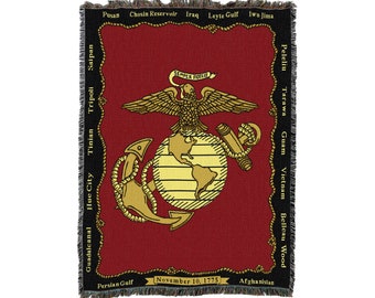 US Marine Corps - Emblem - Cotton Woven Blanket Throw - Made in The USA