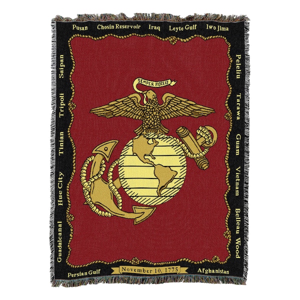 US Marine Corps - Emblem - Cotton Woven Blanket Throw - Made in The USA
