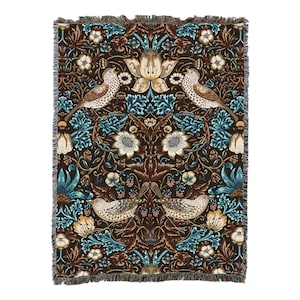 Strawberry Thief - Walnut - Arts and Crafts - William Morris - Blanket Throw Woven from Cotton - Made in The USA (72x54)