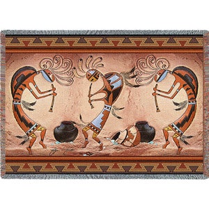 Kokopelli Pot Dance - Southwest Cave Rock Art - Roger Kull - Cotton Woven Blanket Throw - Made in The USA (72x54)