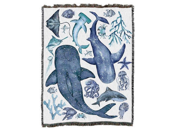 Ocean Life Cotton Woven Blanket Throws - Made in The USA