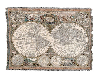 Old World Antique Map Woven Tapestry Throw Blanket, Large Soft Comforting, Artistic Textured Design 100% Cotton Made in USA 72x54