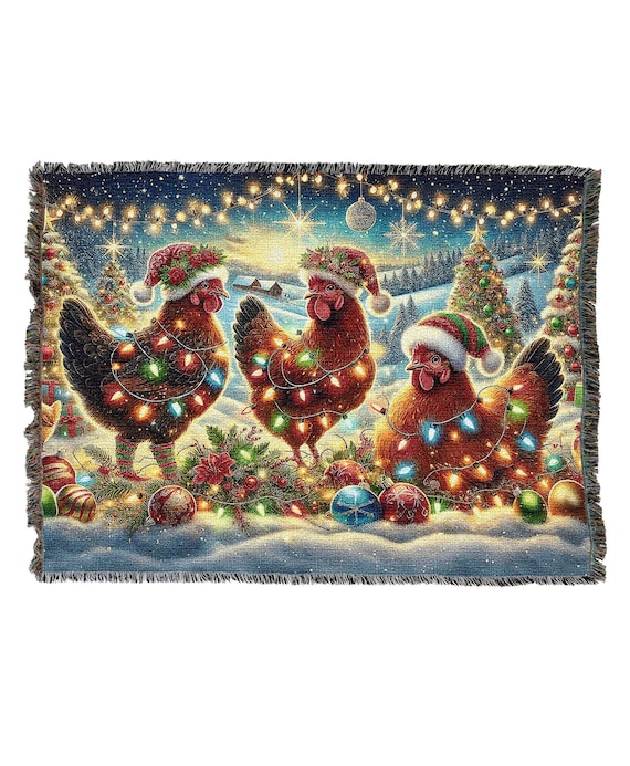 Christmas Chickens Blanket Throw Woven from Cotton - Made in The USA (72x54)