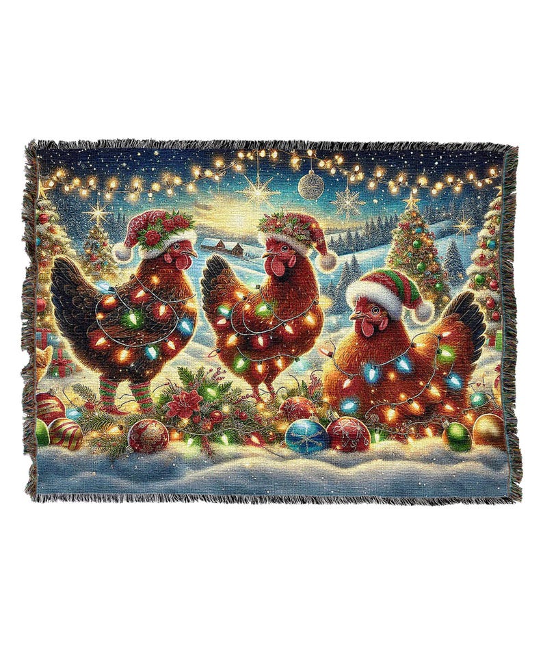 May include: A rectangular woven throw blanket featuring three brown chickens wearing red and green Santa hats. The chickens are wrapped in colorful glowing Christmas lights. The background shows a snowy landscape with decorated pine trees.