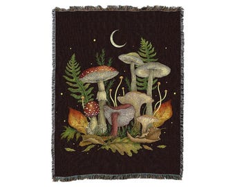 Autumn Mushrooms Blanket - Episodic Drawing -  Cotton Woven Blanket Throws - Made in The USA