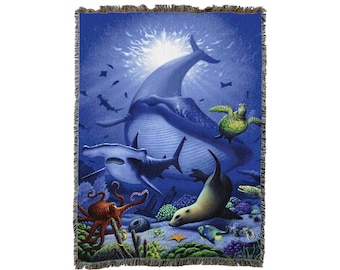 Ocean Life - Jerry LoFaro - Cotton Woven Blanket Throw - Made in The USA (72x54)